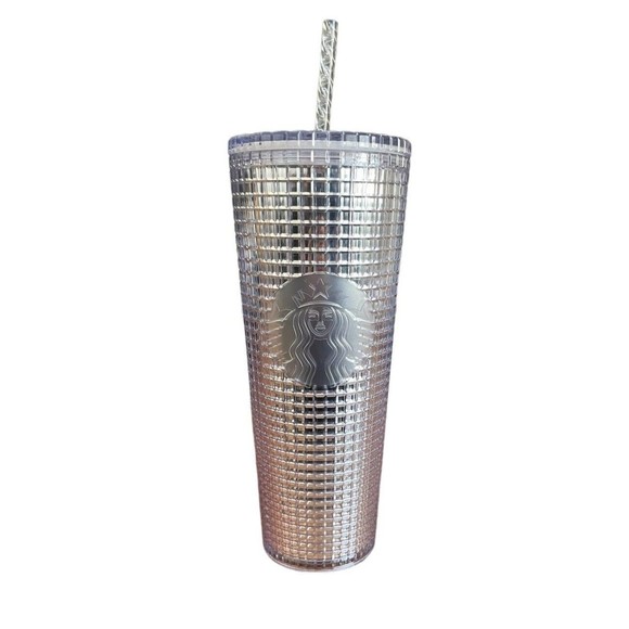Starbucks Tumbler Silver Chrome Grid Ombre Gradient Cold Cup Swirl Straw Venti - Picture 1 of 5